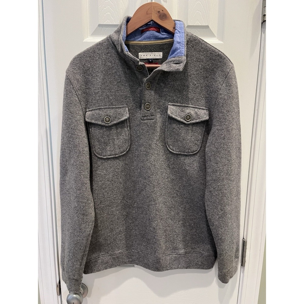 The Field Henley Flap Pocket Mock Neck Sweatshirt Sz L Gray Portugal Wool Blend